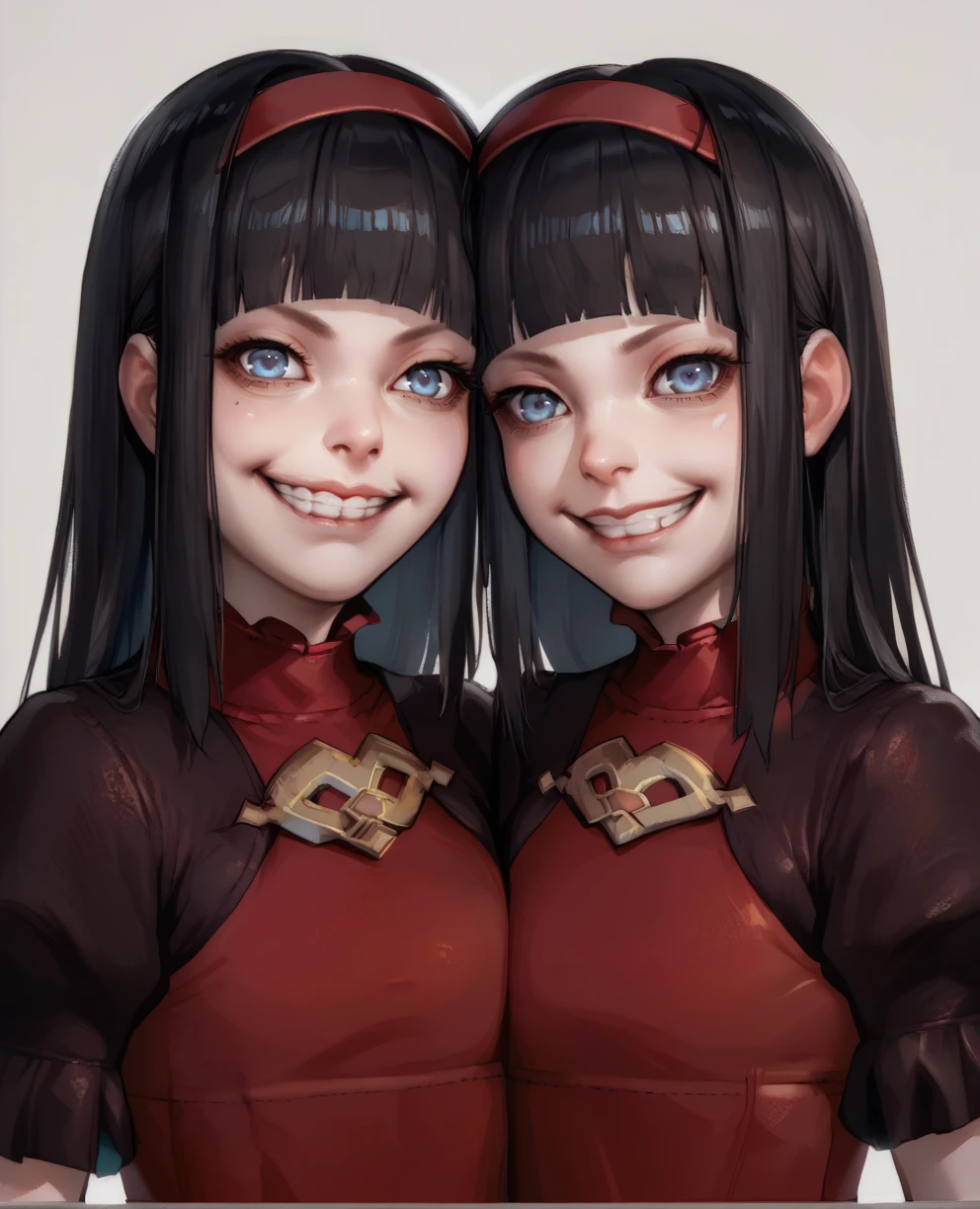 score_9,score_8_up,
n2rdgxl,blue eyes,black hair,blunt bangs,
red dress,puffy sleeves,red hairband,
looking at viewer,2girls,twins, grin, 
standing,solo,upper body,
dawn,<lora:N2RedGxl:1>,