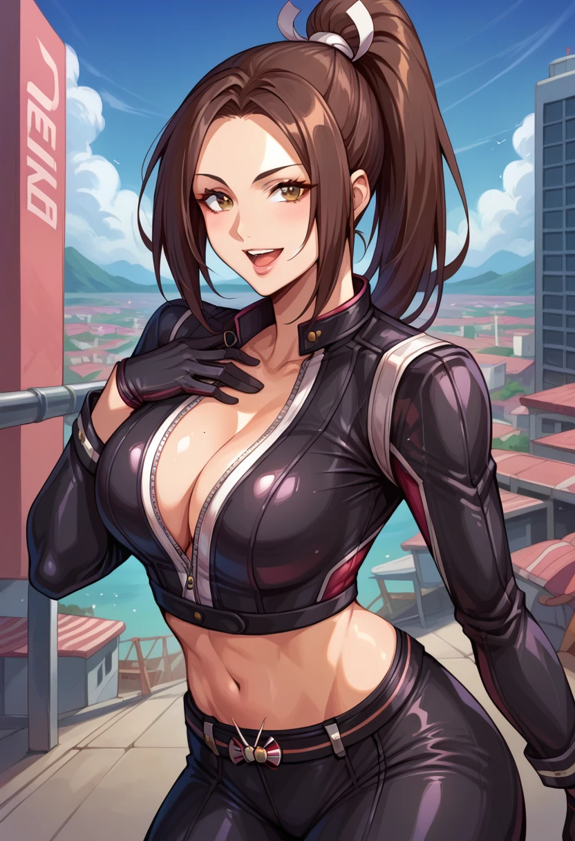 score_9, score_8_up, score_7_up, source_anime, BREAK <lora:MaiCOTW-000008:1>, MaiCOTW, brown hair, high ponytail, large breasts, cleavage, leather jacket, black gloves, unzipped, long sleeves, midriff, leather pants, seductive smile, cityscape, open mouth, hand on own chest, looking at viewer, cowboy shot, legs,