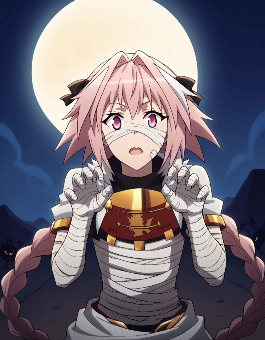 score_9, score_8_up, score_7_up, source_anime, <lora:astolfo-apocrypha-s1-ponyxl-lora-nochekaiser:1>, astolfo, long hair, pink eyes, hair ribbon, pink hair, braid, ahoge, white hair, male focus, multicolored hair, streaked hair, single braid, otoko no ko, long braid,, <lora:mummy-costume-ponyxl-lora-nochekaiser:1>, mummy costume, bandages, halloween costume, bandaged arm, zombie pose, bandage on face,, desert, moon, night, open mouth, , dutch angle, cowboy shot