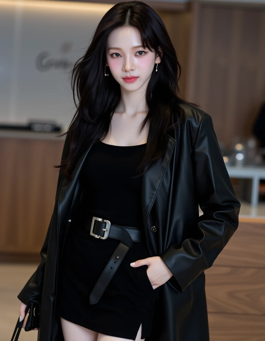 Create a picture of a young woman with long, sleek black hair, wearing an all-black outfit that includes a stylish leather coat, a belted dress, and a matching handbag. She exudes an aura of confidence and elegance, with a poised and composed expression. The background features a sleek, modern indoor setting, which complements her fashionable, chic look. The overall mood is bold and sophisticated, focusing on her strong yet stylish presence.  <lora:karina_neurocanvas_v1:1>