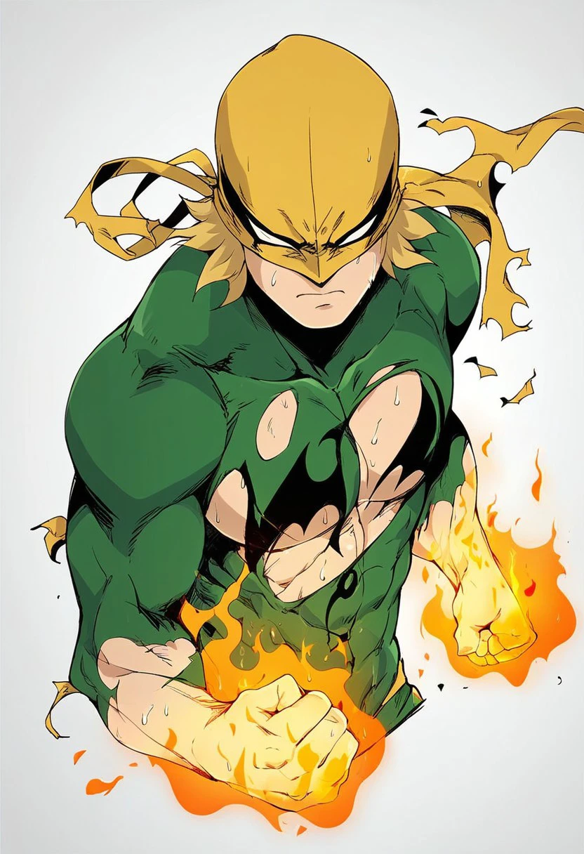 score_9, score_8_up, score_7_up, d4nny, solo, 1boy, mask, blonde hair, torn bodysuit, glowing hands, clenched fist, tired, breath, fire aura, white background