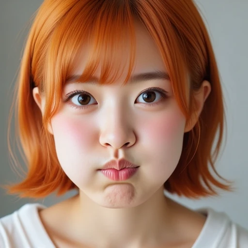 A real life photo of a woman with puffedoutcheeks. The woman is Japanese. She looks at the viewer. Her cheeks are puffed out, round and full of air. She has orange hair. Her lips are long and pursed. She looks at the viewer in a slightly annoyed, playful expression. The photo is an upper body shot.