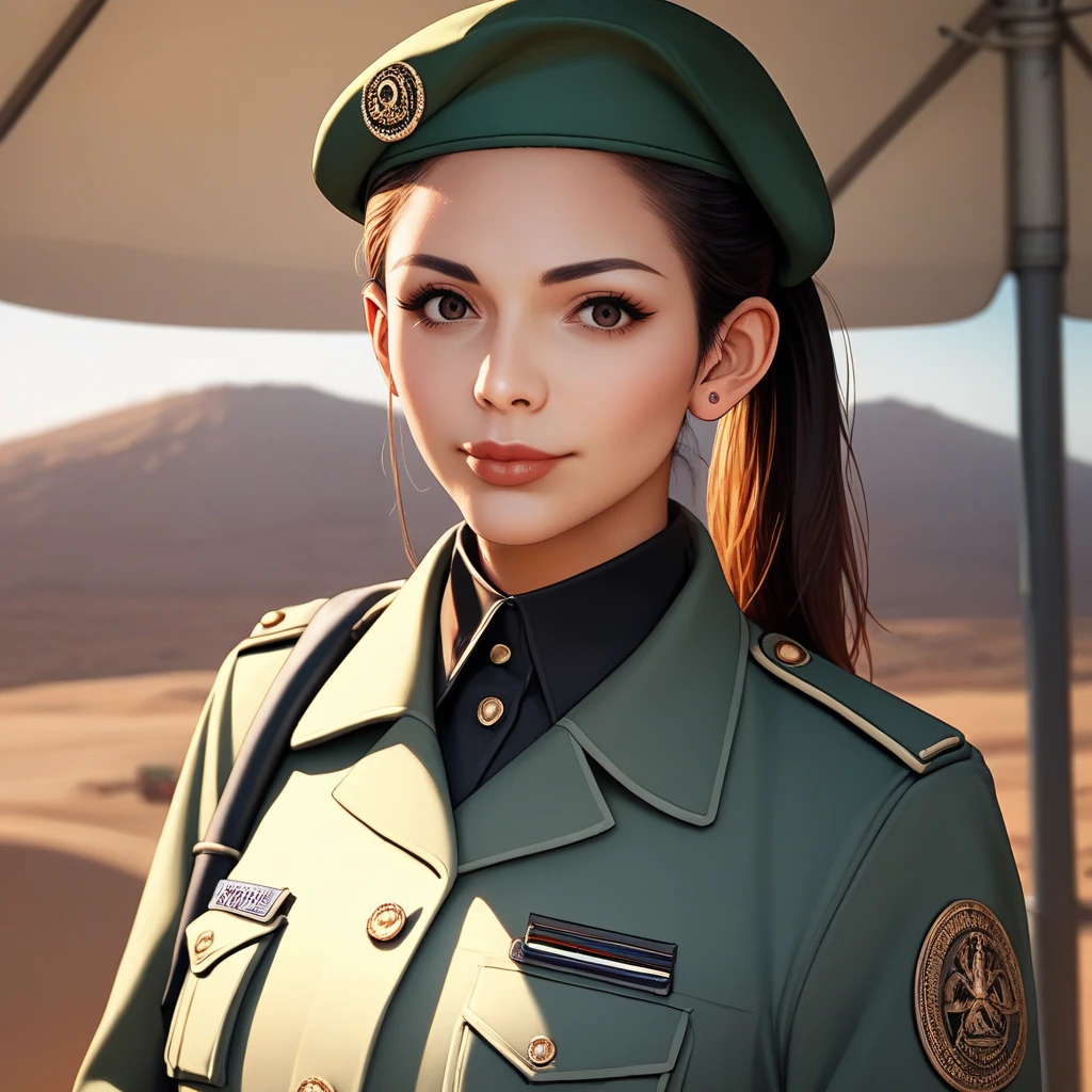 score_9, score_8_up, score_7_up, source_anime, professional photograph of Tara woman, wearing a a dark green military jacket, beret, arabic military uniform, up close, ponytail, looking at the viewer, in a desert, rating_safe <lora:Tara Yazdi Pony-000008:1>