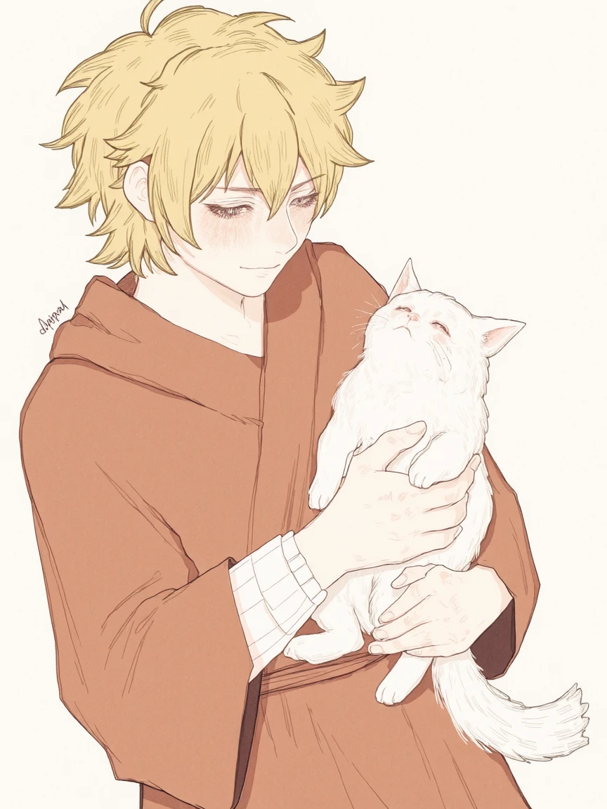 This is a digital drawing featuring two characters with a soft, muted color palette, giving it an earthy, vintage feel. The character on the left has short, messy blonde hair and is wearing a loose, brown robe with a white bandage wrapped around their left arm. They are gently holding a small, white cat with a pink nose and whiskers, which is looking up at the other character. The cat's paws are visible, and it appears to be a small, fluffy breed.