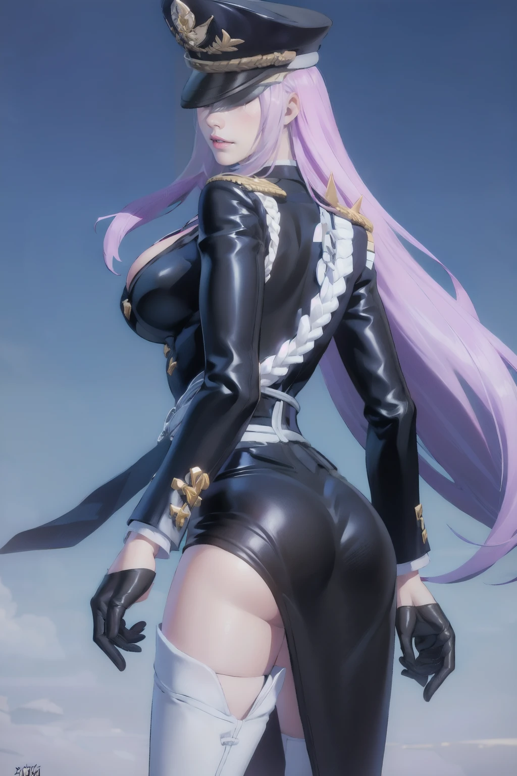 <lora:Ilumia_Soldie'r_Fortune_AoV_Model_LoRA:0.8>, Ilumia_SFT, 1girl, solo, hat, peaked cap, black headwear, long hair, purple hair, lips, parted lips, necklace, cleavage, breasts, large breasts, jacket, uniform, military, dress, black dress, gloves, black gloves, jewelry, thighhighs, boots, thigh boots, white footwear, high heels, large hips, big ass, best quality, ultra high res, (photorealistic:1.4), masterpiece, real life skin, hyper real