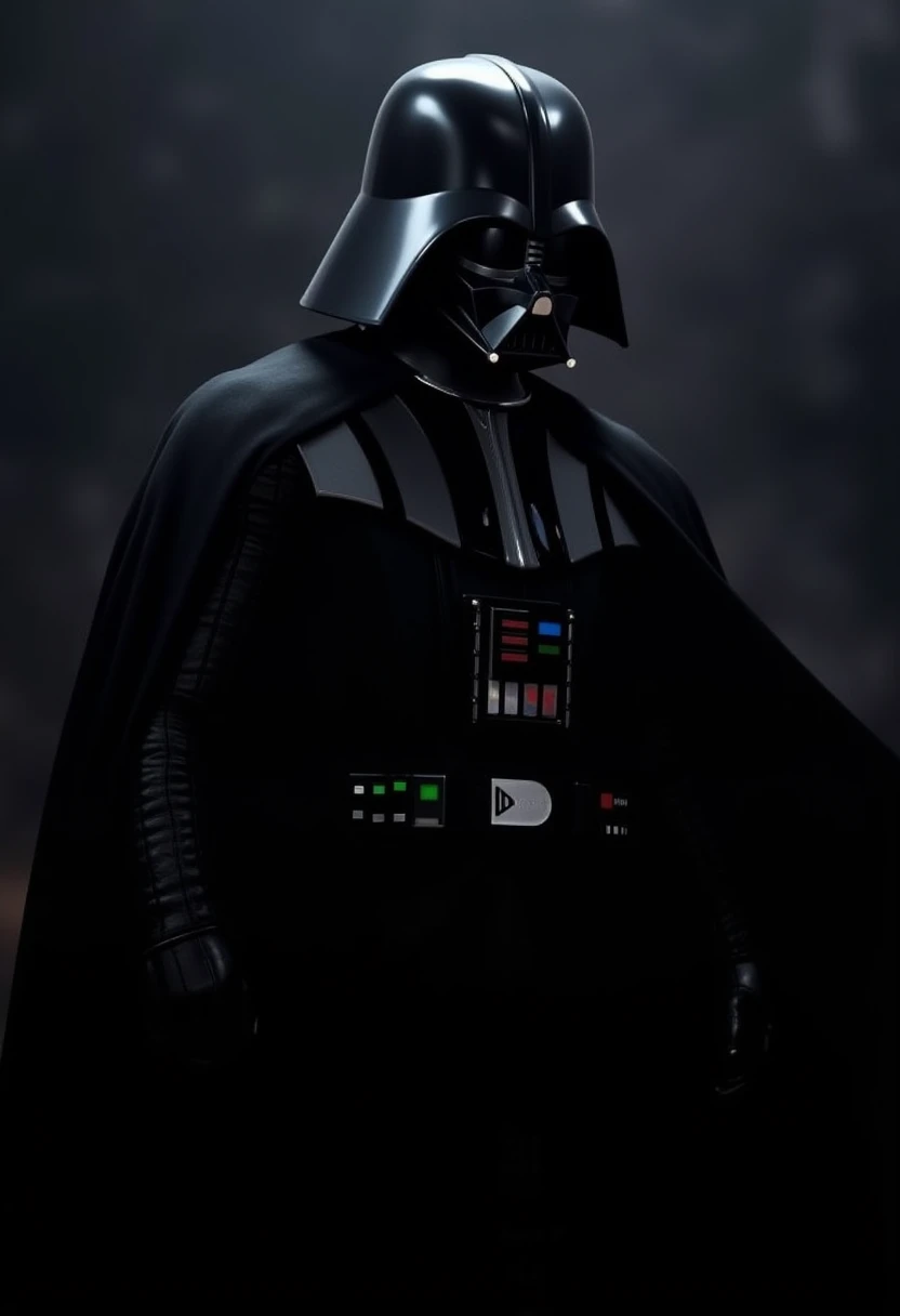 The image is a CGI-rendered artwork depicting Darth Vader from the Star Wars universe. The character is shown in a dramatic, dark, and atmospheric setting. Darth Vader, clad in his iconic black armor, stands in profile. The helmet, made of a reflective, shiny material, partially obscures his face, casting a sinister, shadowy aura. His helmet features a distinctive, angular design indicating the ominous, glowing red lightsaber.