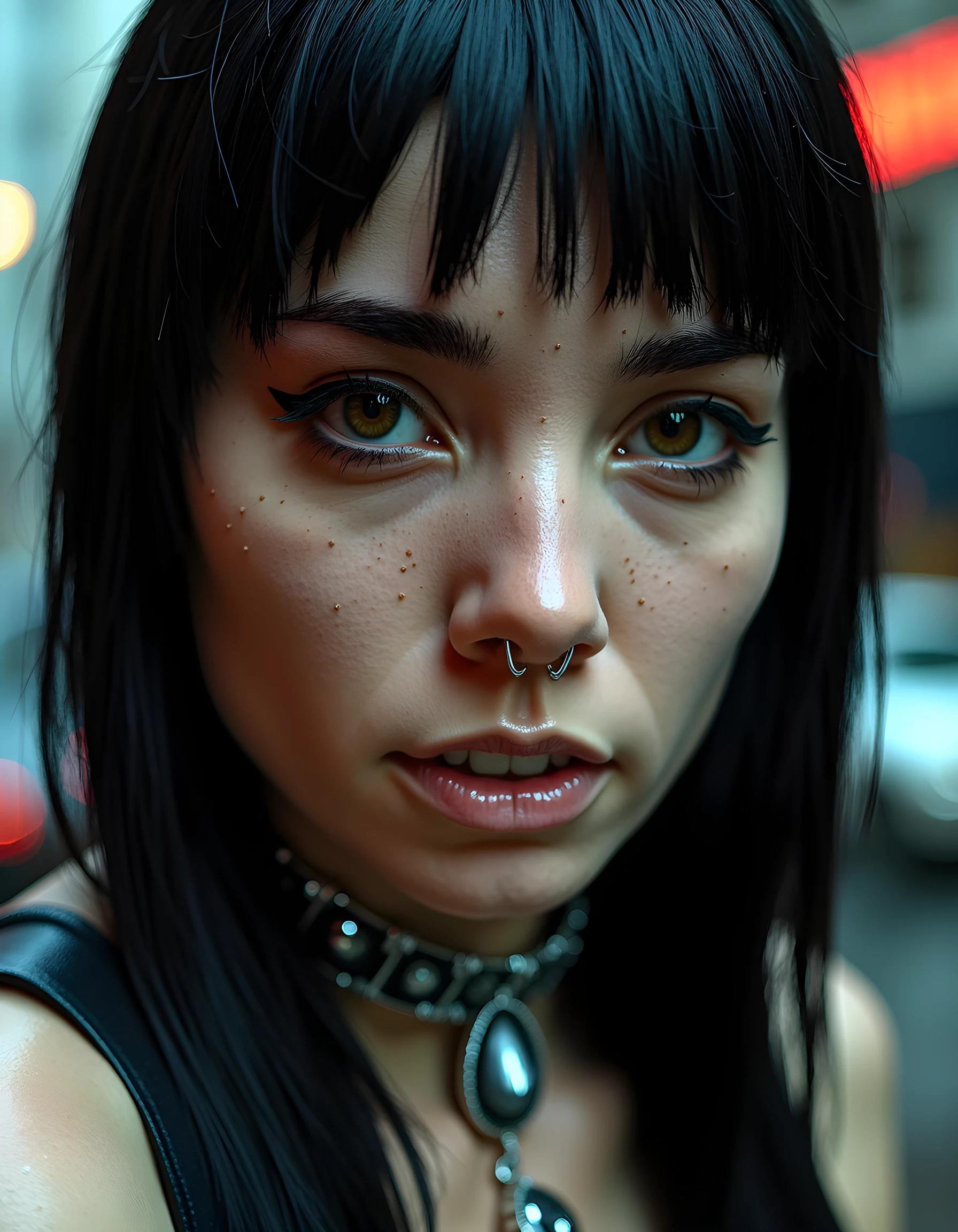 In a gritty, neo-noir setting reminiscent of Blade Runner's rain-soaked metropolis, the camera captures a striking close-up of H4R0P0N3S, a woman with black hair cascading down her shoulders like a waterfall. Her piercing gaze is accentuated by dark, intense eyes and thick, black eyeliner, her lips parted slightly in a seductive smirk as she locks eyes with the viewer. The image is bathed in stark, contrasting light, illuminating the intricate patterns of her elaborate, futuristic jewelry that glints off her pale skin. Her teeth flash dangerously white against the darkness as she leans forward, the raindrops beading on her long hair and adding to the overall sense of tension and mystery in this captivating portrait.