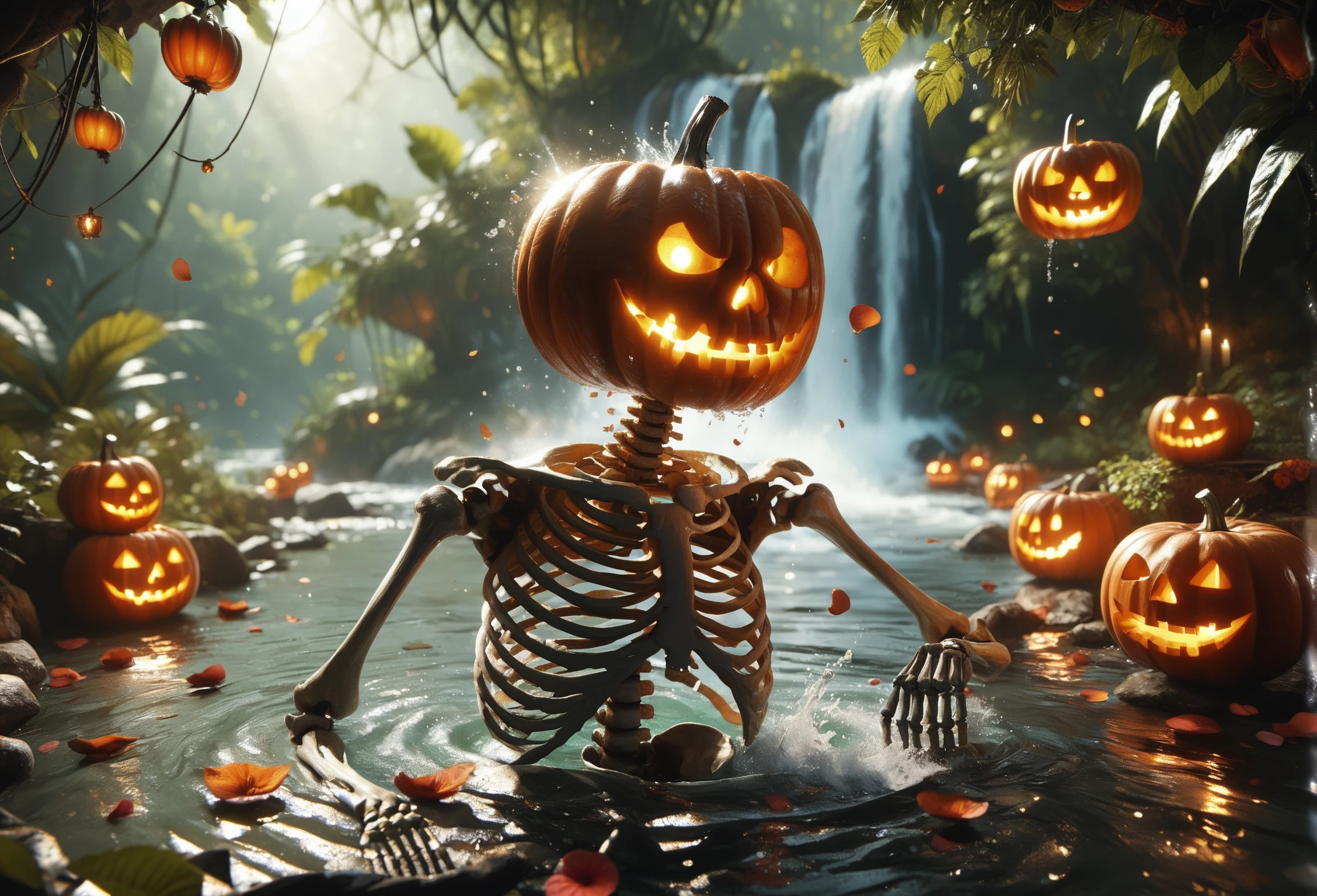 score_9, score_8_up, score_7_up, Skel-o'-lantern, skeleton, jack-o'-lantern, no humans, wading, jungle, water, waterfall, water splashing, falling_petals, dappled_sunlight, glowing eyes, glowing mouth,