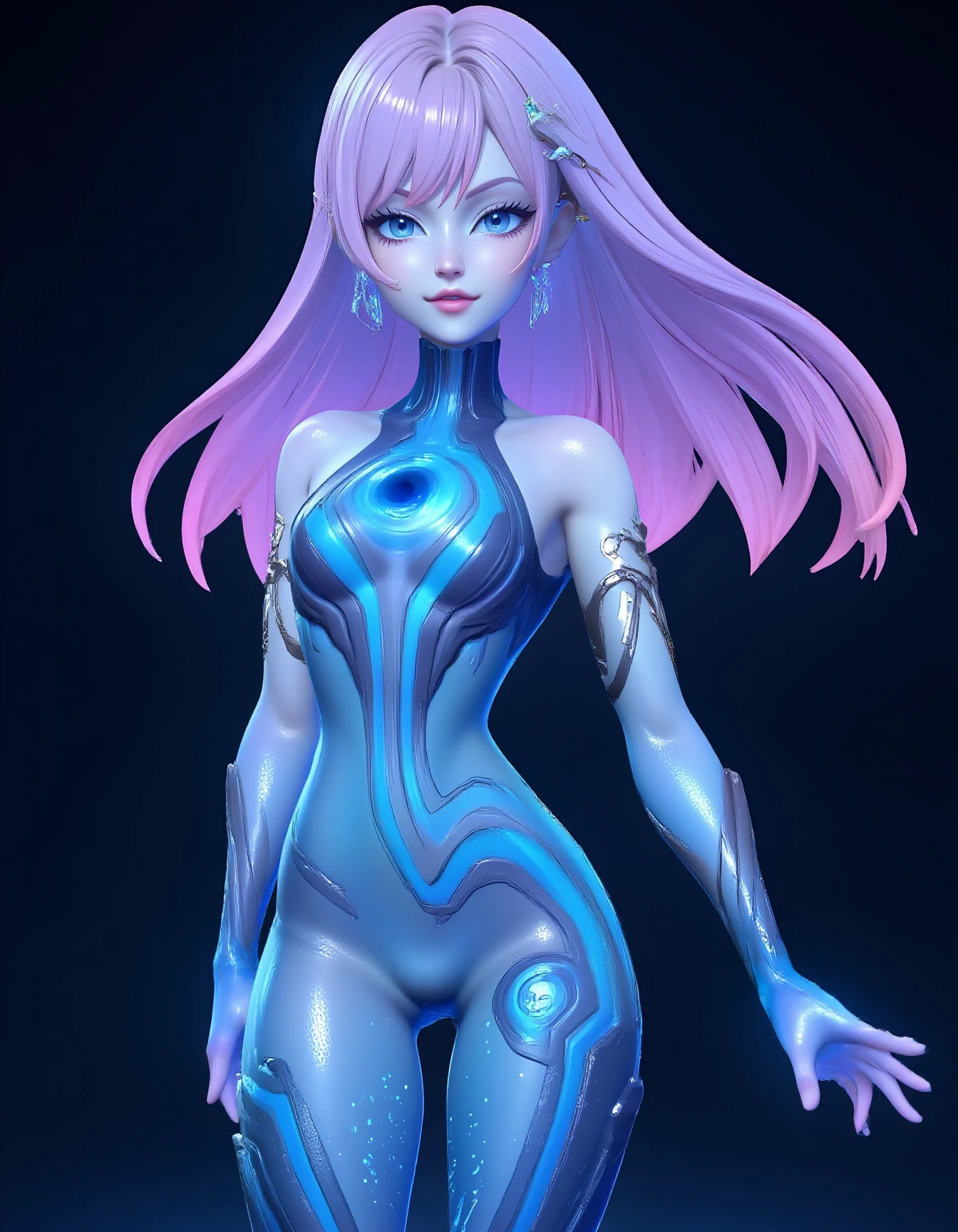 nxvxrxx, novaria, 1girl, tight, clothes, animated, wearing, and, bodysuit, sexy front pose,black cosmos background, white-skinned,blue latex,slim skinny body<lora:novaria:1.1>,high quality,High contrast,beautiful face,narrow waist,shiny, skin tight, solo, looking at viewer, medium breasts,glow light,shaders,realistic art,lips,eyes, <lora:aidmaMJ6.1:1.4>