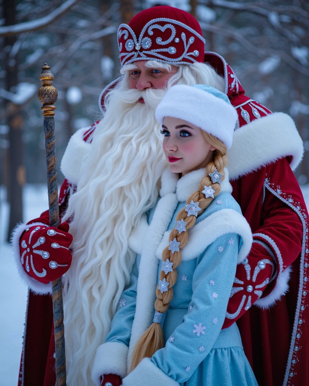 Photo, highly detailed, close-up of Ded Moroz and Snegurochka standing side by side in a magical winter forest. Ded Moroz is dressed in his traditional red fur-lined coat, his long white beard shimmering with tiny snowflakes that gently rest on the strands. His deep blue eyes twinkle with wisdom and warmth as he holds his glowing staff. Beside him, Snegurochka stands gracefully, her ice-blue fur-trimmed coat adorned with intricate silver embroidery. Her bright blue eyes sparkle with magic, and her long braid, decorated with snowflakes, glistens in the soft winter light.

Behind them, the enchanted forest glows faintly, with snow-covered trees that seem to twinkle under the moonlight. Delicate snowflakes fall slowly around them, each one catching the light and shimmering like tiny stars. The atmosphere is serene and magical, with the soft glow of the winter night enhancing the ethereal beauty of the scene