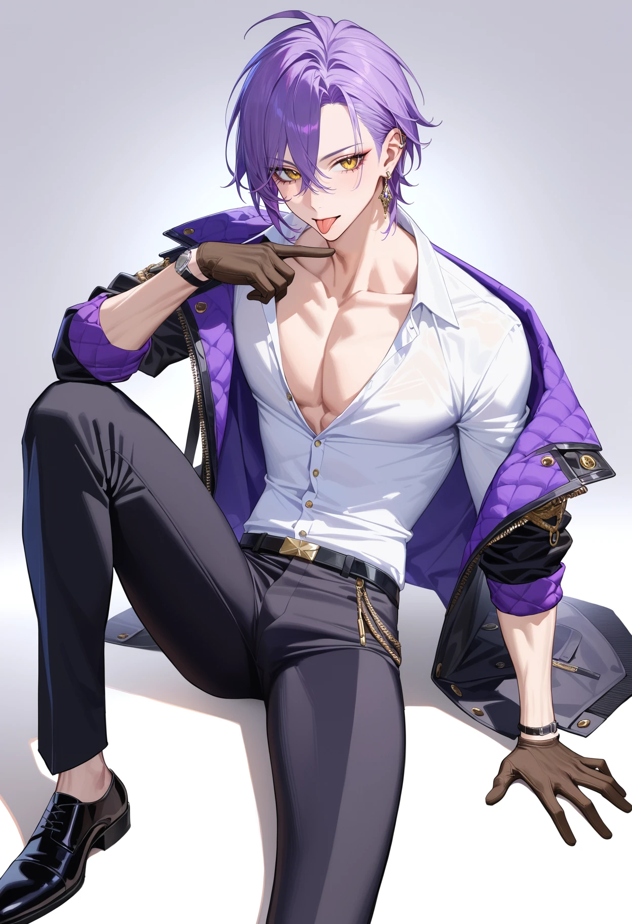 1boy, androgynous, blue eyes, purple hair, collar, blue hoodie, blue booty shorts, black thigh highs, masterpiece, HD, vibrant, full body view, night, smile, cat ears