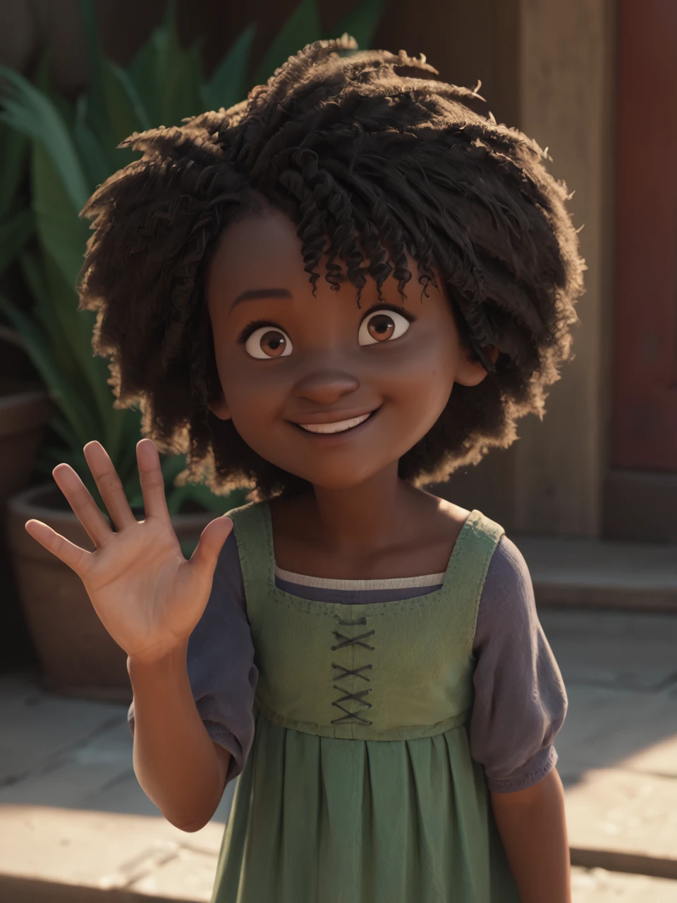 score_9, score_8_up, score_7_up,  score_6_up, BREAK, Maisi3Brumbl3, 1girl, solo, black hair, dark-skinned female, female child, afro, brown eyes, hands, green dress, purple shirt, smile, upper body, raise left hand, waving, looking at viewer, <lora:Maisie_Brumble:1>