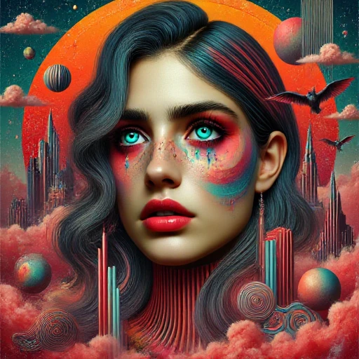 A surreal digital collage portrait of a vampire in a vibrant dark surreal world