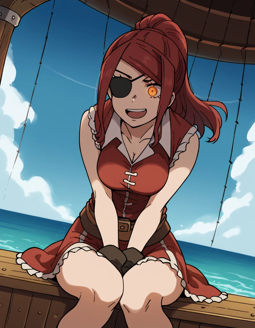 score_9, score_8_up, score_7_up, source_anime, <lora:lisa-isaribe-s1-ponyxl-lora-nochekaiser:1>, lisa isaribe, long hair, ponytail, red hair, orange eyes, large breasts,, <lora:pirate-costume-ponyxl-lora-nochekaiser:1>, pirate costume, pirate hat, skirt, gloves, jacket, shirt, eyepatch,, blue sky, sea, ocean, pirate ship, treasure, gold, smug, open mouth, from below, sitting,, , dutch angle, cowboy shot