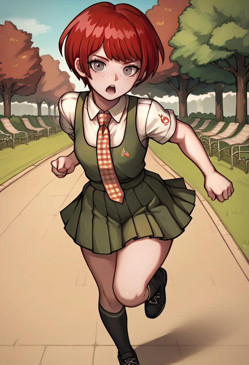 score_9, score_7_up, 1girl, looking at viewer, running, open mouth, <lora:MahiruDR-pdxl:1> defMahi, red hair, short hair, grey eyes, freckles, plaid necktie, white shirt, collared shirt, short sleeves, green pinafore dress, pleated skirt, black socks, shoes, black footwear, park, outdoors