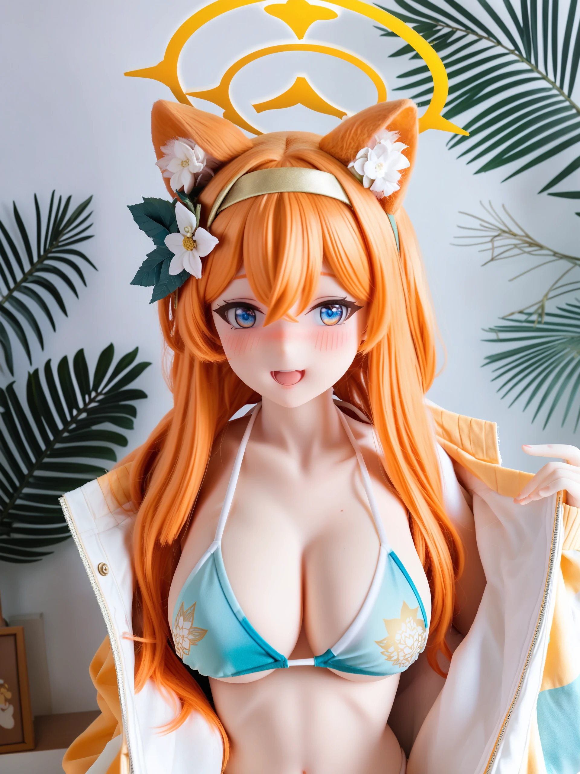 score_10,score_8_up,score_7_up,photo background,
mari (blue archive),1girl,breasts,halo,animal ears,solo,blue eyes,official alternate costume,orange hair,long hair,hair ornament,looking at viewer,animal ear fluff,small breasts,heart,hair flower,flower,blush,bikini,upper body,open mouth,smile,yellow halo,white hairband,hairband,collarbone,tattoo,track jacket,hair between eyes,white flower,hair ribbon,
swimsuit,between eyes,brown eyes,large breasts,miko,indoors,