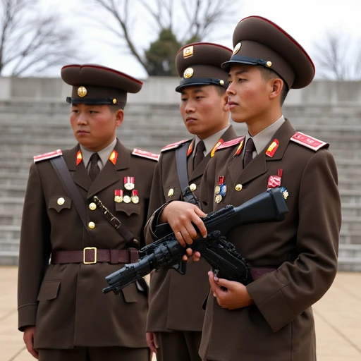 The image is a photograph featuring three men in military uniforms, adorned with various medals and ribbons., dressed in a dark brown military uniform adorned with various medals and insignia. His uniform features a peaked cap with a red visor and a gold emblem on the front, relaxed moment. The soldiers are positioned in a barren, with the background featuring a stone staircase, This photograph captures two young men in military uniforms standing outdoors in a park-like setting. The man on the left is focused on the rifle in his hands