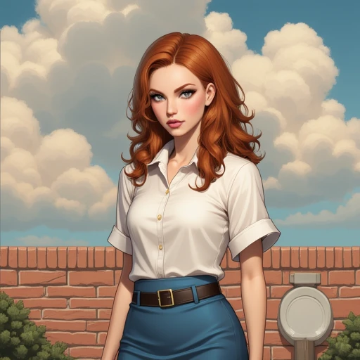 eyeshadow, shirt, pencil skirt, looking at viewer, belt, brick wall, plate, clenched teeth, cloud