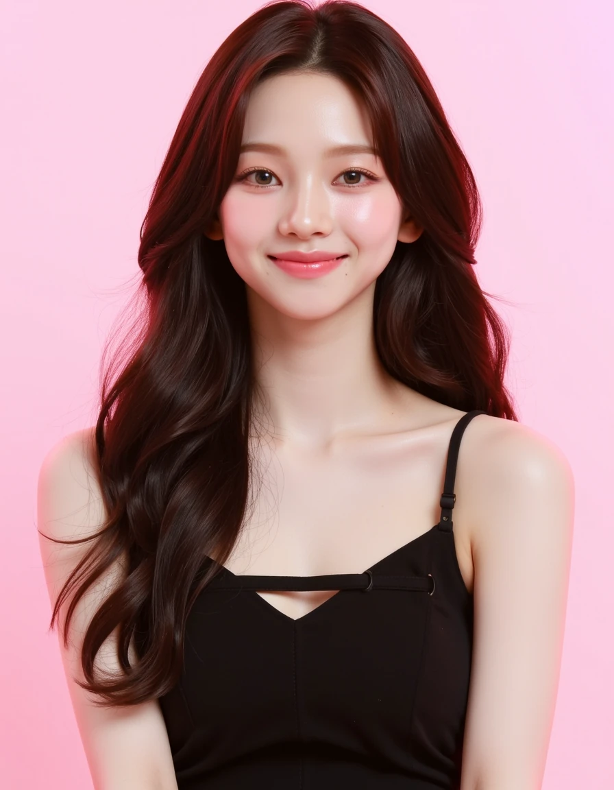 Create a picture of a young woman with long, wavy brown hair, styled neatly down her shoulders. She is wearing a sleek black, sleeveless dress with a stylish cross-strap design. The background is a soft pastel pink, adding a gentle and feminine touch to the scene. Her expression is warm and inviting with a slight smile, radiating charm and elegance. The overall mood is polished and serene, focusing on her poised and sophisticated appearance.  <lora:karina_neurocanvas_v1:1>