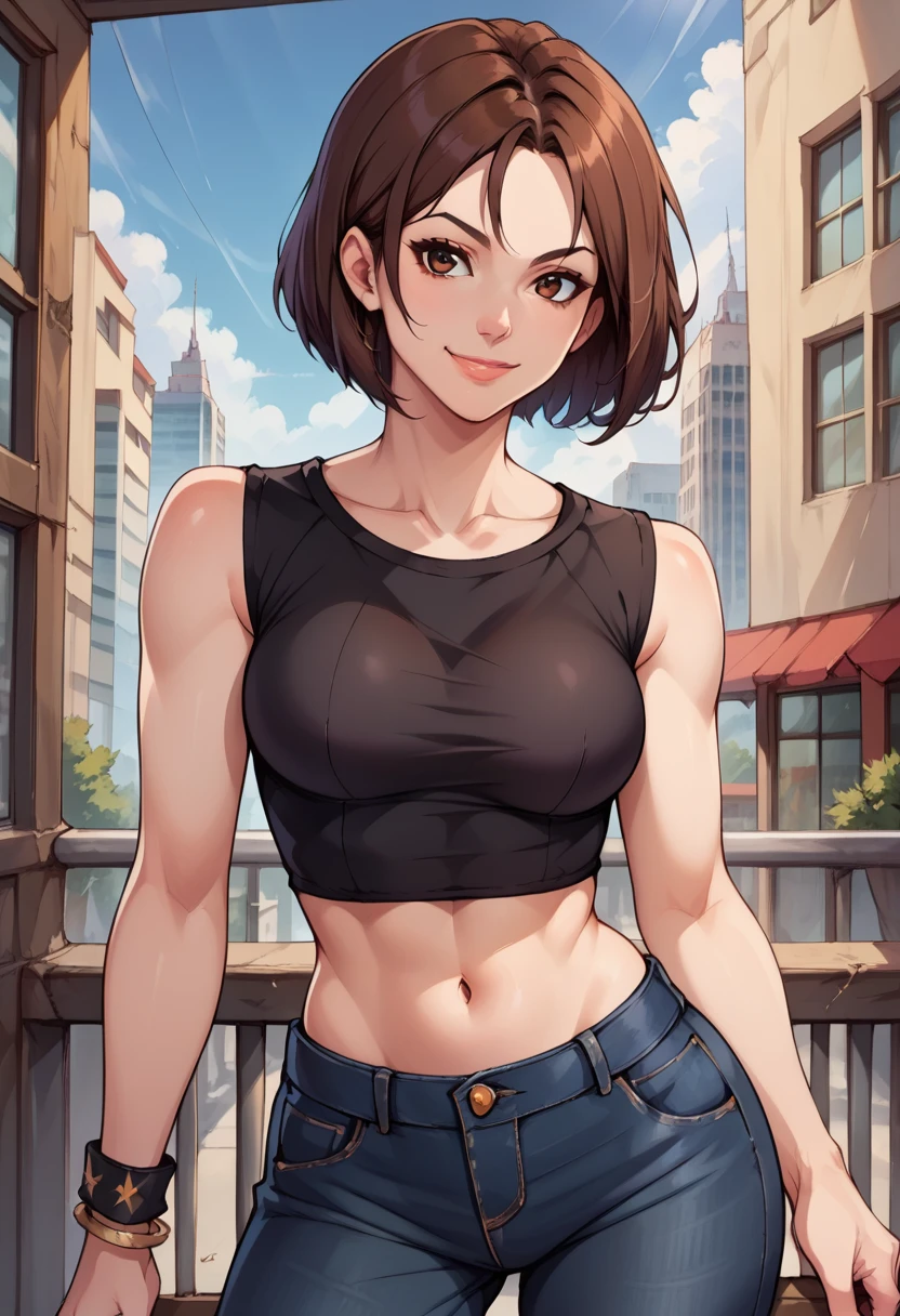 score_9, score_8_up, score_7_up,  source_anime,  BREAK   <lora:KOFWhip:1>, KOFWHP, brown hair, short hair, brown eyes,  cityscape, black shirt, bracelet, light smile, jeans, midriff, 1 girl, solo, breasts,