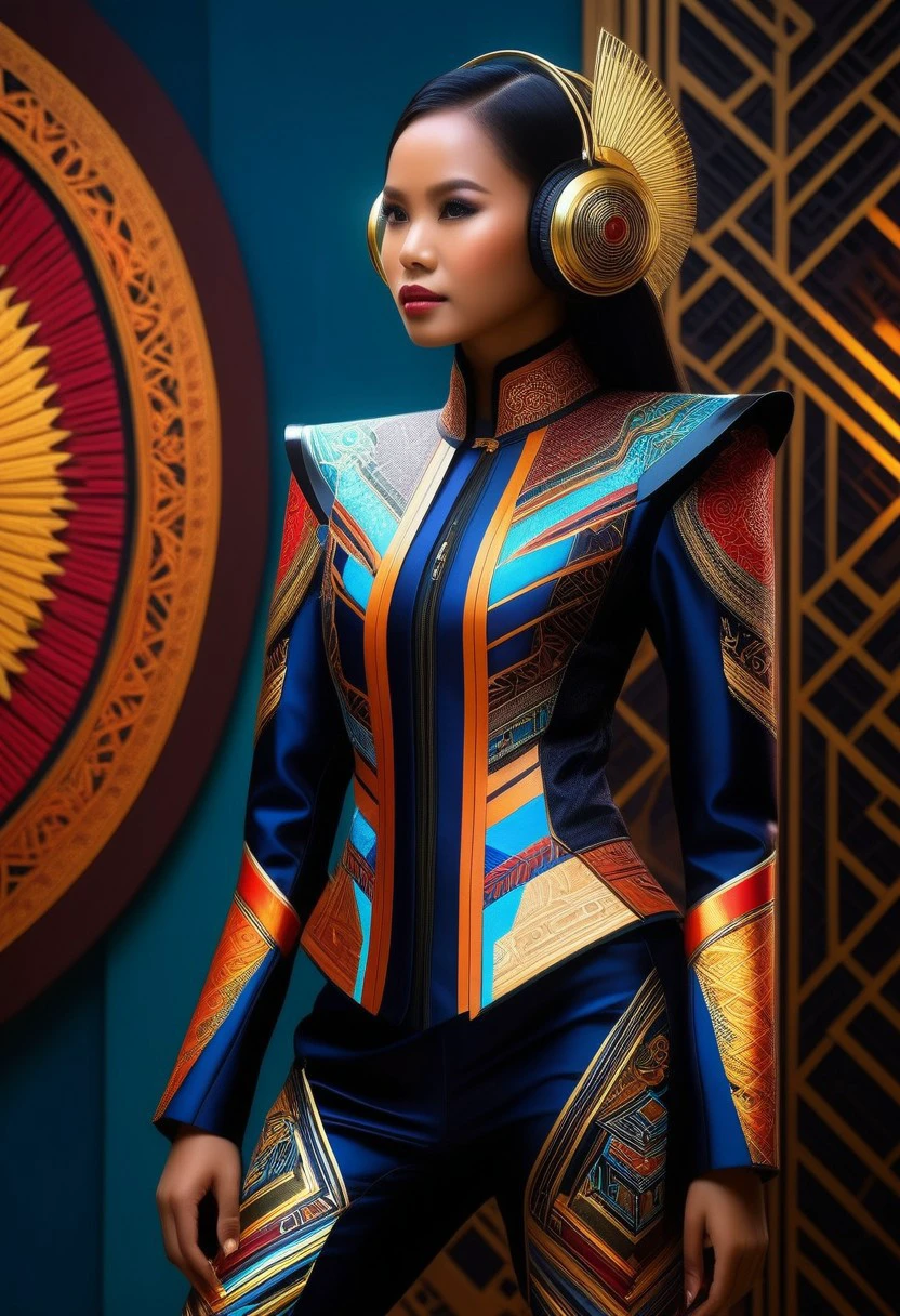 (high quality), (masterpiece), (detailed), 8K, Hyper-realistic painting of a young Indonesian woman wearing a futuristic suit that blends traditional patterns and vibrant colors, showcasing the rich heritage of Indonesia. She stands confidently in a dynamic pose, her detailed eyes reflecting determination and curiosity. The suit's material is a combination of traditional textiles and futuristic synthetic fabrics, giving it a unique and avant-garde appearance. Physically-based rendering techniques create realistic lighting and shadows, while the vivid colors capture the essence of Indonesian cultural aesthetics. The background features a fusion of modern architecture and traditional elements, creating a harmonious blend of the past and the future. This artwork explores the intersection of Indonesian culture, futuristic design, and the artistic representation of a confident girl.