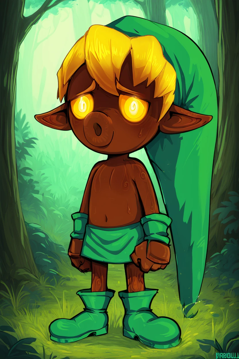 score_9, score_8_up, score_8,   BREAK, , zzDekuLink, 1boy, male focus, blonde hair, hat, green headwear, yellow eyes, pointy ears, dark skin,   gloves, full body, boots, glowing eyes, glowing, forest, sad,  <lora:DekuLinkZelda_PDXL_v3:1.0>,  , BREAK, <lora:Afrobull_PDXL_v4:0.8>,  ,,, BREAK, smile, looking at viewer, closed mouth, cowboy shot,  ,,, embedding:zPDXL, Expressiveh, ,,, <lora:SDXLFaeTastic2400:0.5>, <lora:Expressive_H-000001:0.4>,