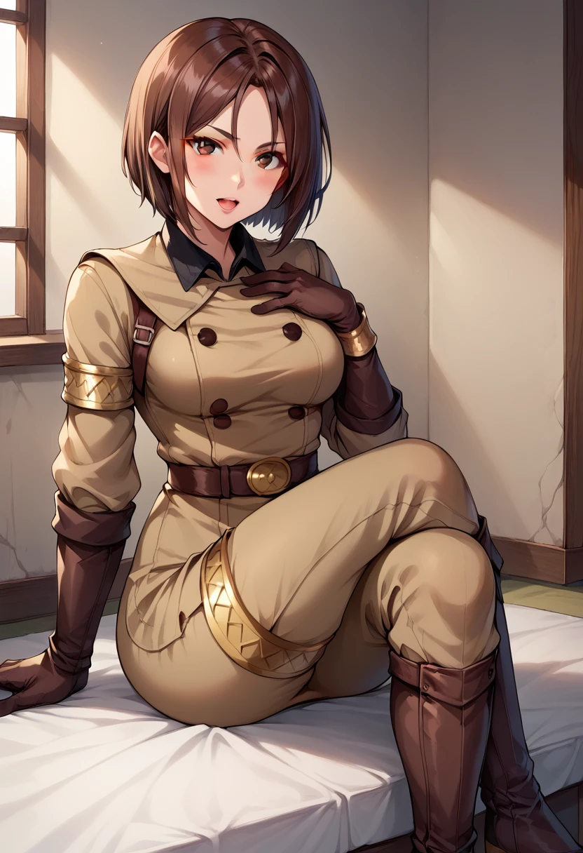 score_9, score_8_up, score_7_up,  source_anime,  BREAK   <lora:KOFWhip:1>, KOFWHP, brown hair, short hair, brown eyes, military uniform, long sleeves,  thighlet,  gloves, belt, armlet,  sitting, crossed legs, boots, blush, open mouth, hand on own chest, breasts, 1 girl, solo, looking at viewer, brown pants,  indoors,