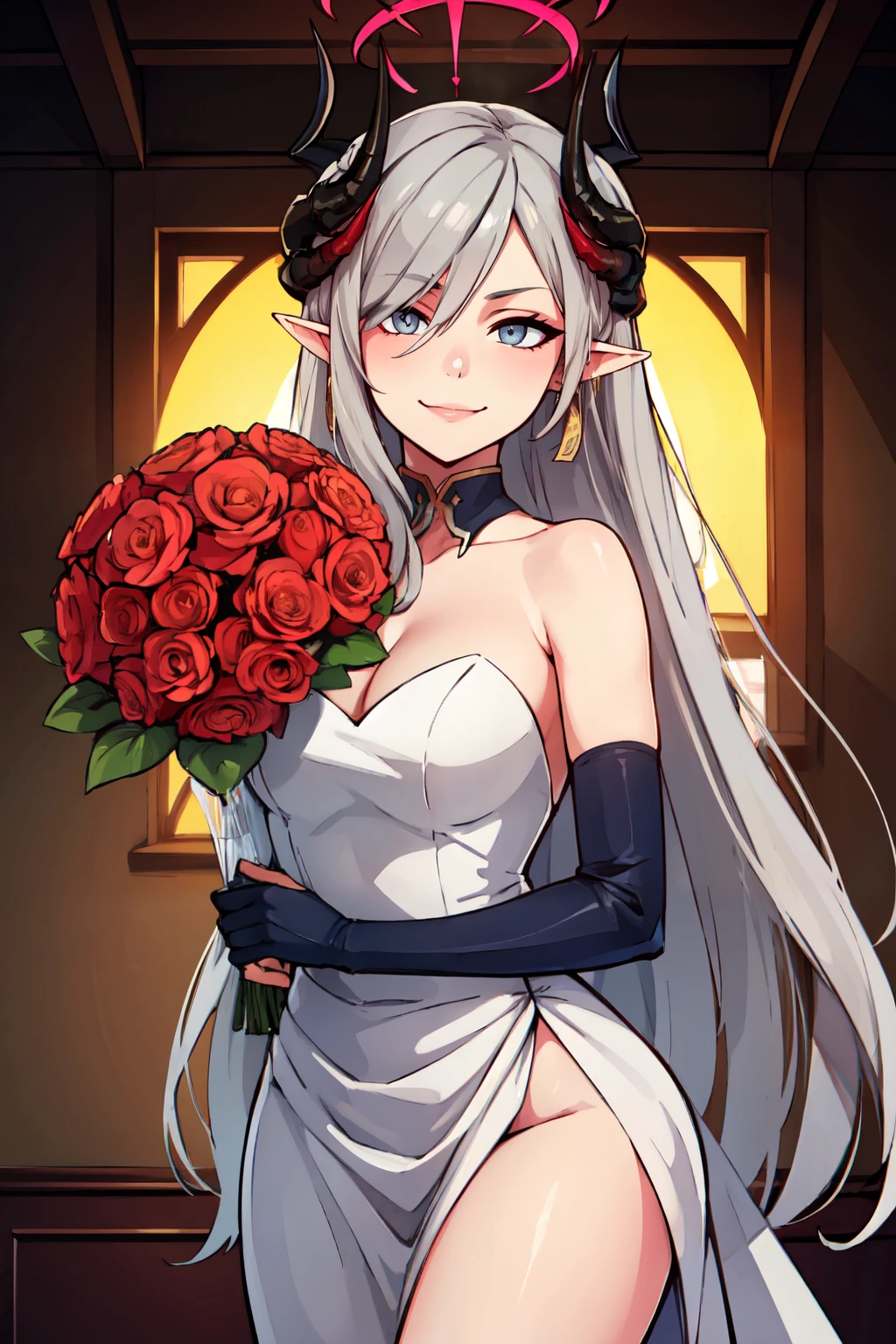 ((masterpiece,best quality)), absurdres,  BREAK, , <lora:Makoto_BlueArchive_Citron:0.8>, , zzMakoto, horns, long hair, grey hair, demon horns, black horns, halo, multiple horns, pointy ears, grey eyes, BREAK, bride, wedding dress, bridal veil, strapless dress, elbow gloves, holding bouquet,, BREAK, solo, smile, looking at viewer, cowboy shot,