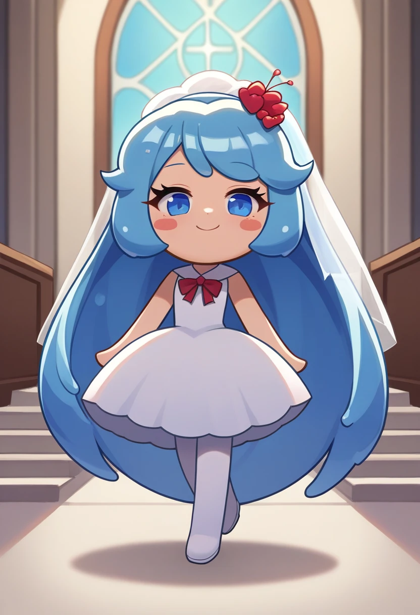 score_9, score_7_up, source_anime, BREAK
creamsoda, antro, female, 1girl, solo, long hair, looking at viewer, smile, blue eyes, church, hat, wedding dress, wedding veil, very long hair, blue hair, full body, blush stickers, absurdly long hair, liquid hair, 