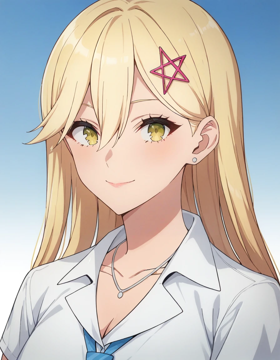 score_9, score_8_up, score_7_up, source_anime, BREAK
1girl, looking at viewer, solo, gradient background, light smile, portrait,
aria kisaki, blonde hair, long hair, hair between eyes, gold eyes, star hair ornament, stud earrings,
school uniform, white collared shirt, short sleeves, collarbone, cleavage, necklace, blue necktie,
<lora:aria_kisaki_anime_v2-soralz:0.9>