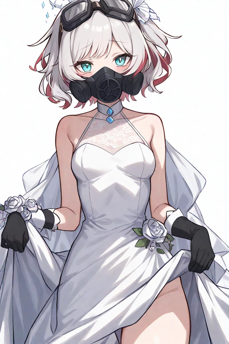 ,sephie,solo,gloves,mask,gas mask,goggles,white background,looking at viewer,simple background,goggles on head,bangs,1girl,cowboy shot,,(wedding_dress:1.2),<lora:sephie-000012:0.8>,<lora:PCR_C:0.8>, masterpiece, best quality, very aesthetic, absurdres