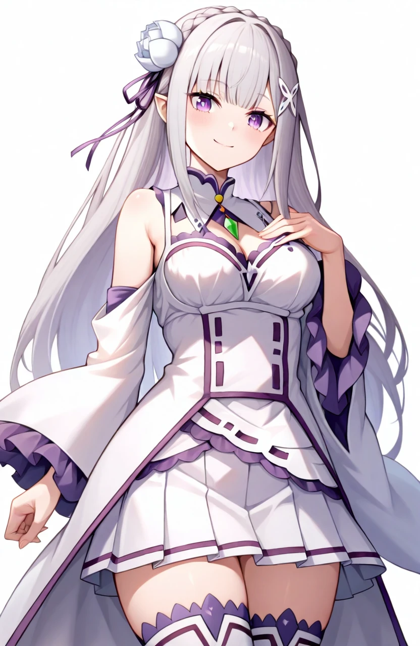 (Score_9,  score_8, score_6, score_7:0.6), masterpiece, best quality, good quality, newest, Emilia, MainFit, 1girl, detached sleeves, x hair ornament, hair flower, medium breasts, white thighhighs, purple eyes, smile, hair ribbon, crown braid, cleavage, looking at viewer, white flower, pleated skirt, simple background, white background, zettai ryouiki, white skirt, grey hair, purple ribbon, bare shoulders, wide sleeves, miniskirt, cowboy shot, standing, white dress, frills, closed mouth, pointy ears, frilled sleeves, long sleeves, <lora:Illustrious-Emilia-AIO-Dora-V1:1>