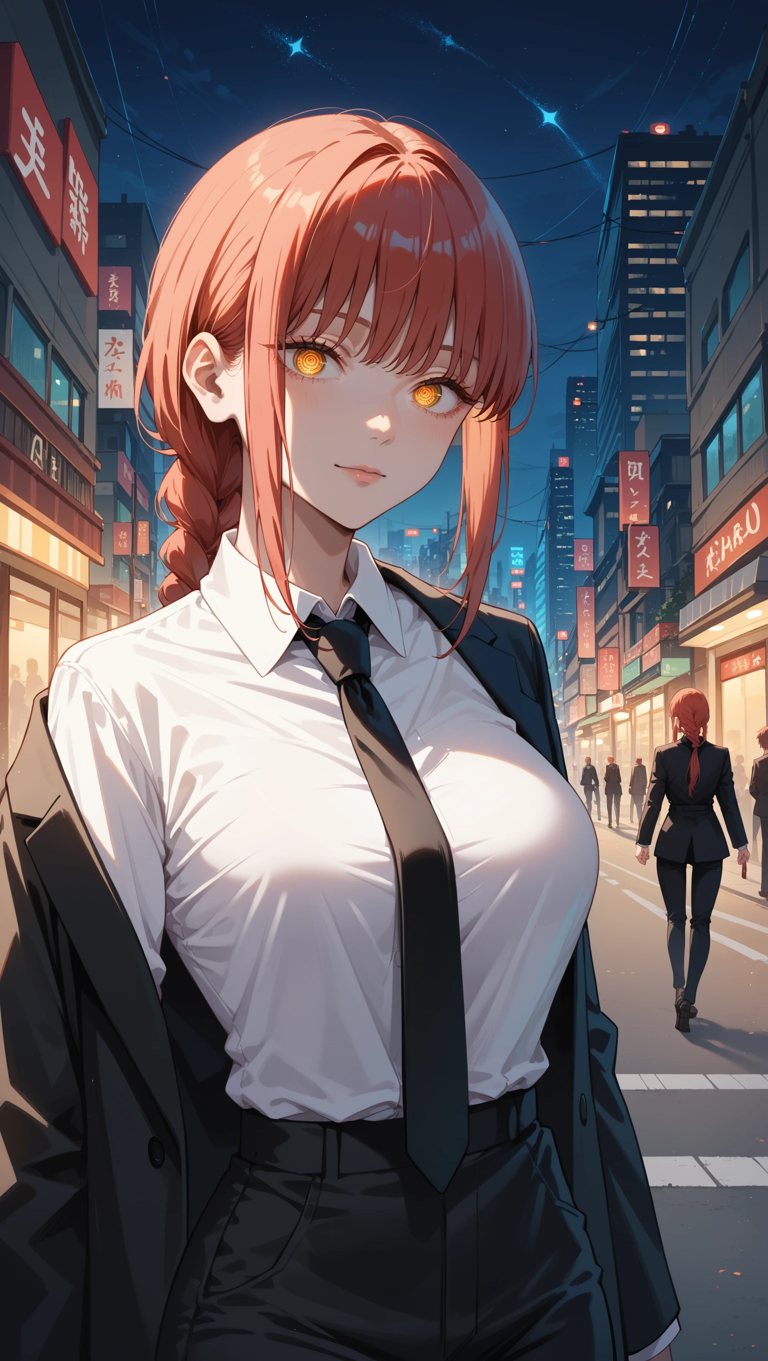 score_9, score_8_up, score_7_up,source_anime,1girl, makima, chainsaw man, red hair, yellow eyes, big breasts, braid, symbol-shaped pupils, circle-shaped pupils, white shirt, black suit, city, street, necktie, night,