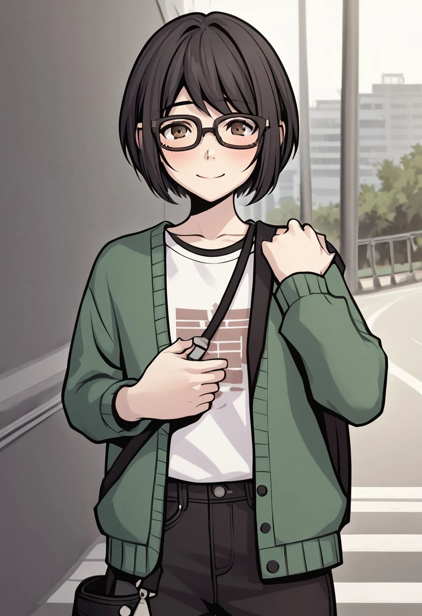 score_4,score_5,score_6,score_7_up,score_8_up,score_9 ((masterpiece,best quality,ultra detailed,highres,HD,4k:1.2)), 
1 girl,solo,face focus,solo focus,
upper body,
black hair,short hair,bob cut,bangs,glasses,brown eyes,
green sweater,open clothes,white shirt,long shirt,shoulder bag,black pants,sneakers,
sibuya,city,outdoors,
looking at viewer,shy,smile,blush,closed mouth,