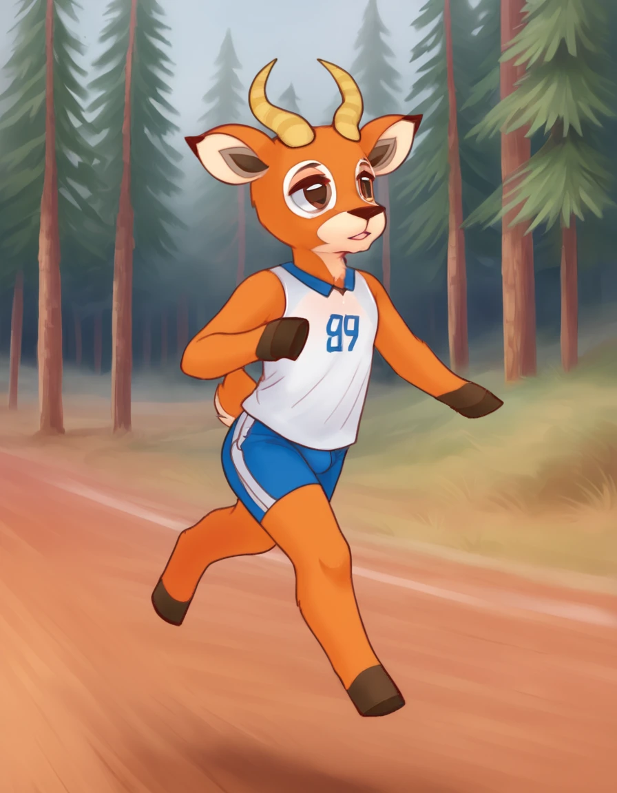 forest, pine tree, 
 Beau, 1boy, solo, horns, furry, animal ears, tail, hooves, furry male, body fur, deer ears, goat horns, animal nose, brown eyes, long eyelashes, 
full body, seductive smile, parted lips, male focus, 
running, sportswear, 
 <lora:Beau_v04_PDXL:1>,
 <lora:add-detail-xl:1>,