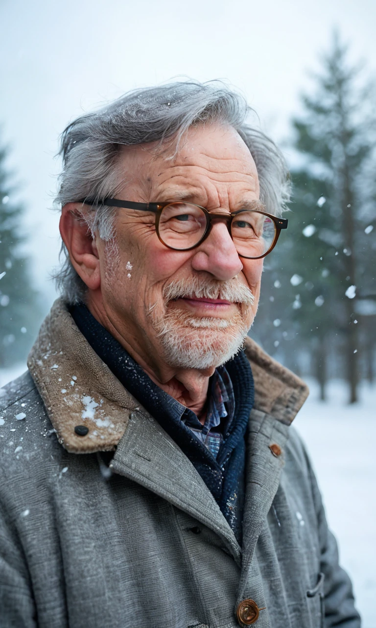 score_9, score_8_up, score_7_up, source_photo, (photography, realistic:1.2),1boy,spielberg,grey hair,glasses,solo,old,old man,grey coat,upper_body,outdoor,winter,falling_snow