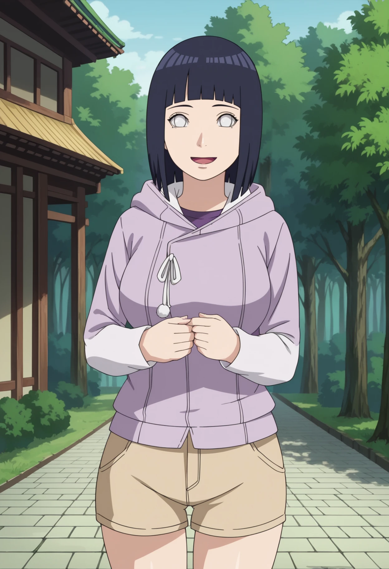 score_9, score_8_up, score_7_up, source_anime,anime screencap,anime coloring,intricate details,masterpiece,
uncensored,
mature female,
hinata, black hair, 1girl, short hair, large breasts, bangs, blunt bangs,white eyes,no pupils,
hoodie,long sleeves,jacket,purple jacket,hood down,layered sleeves,short over long sleeves,white shirt,beige shorts,
open mouth, 
smile,looking at viewer,
perfect anatomy,
scenery,outdoors, east asian architecture, forest,
<lora:Hinata Boruto:0.9>