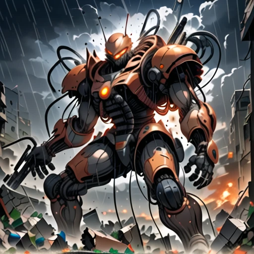 clenched hands, orange eyes, no humans, armor, open hands, cable, holding gun, rain, teeth, explosion, monster, rubble