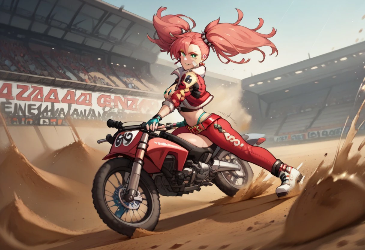 score_8_up, score_7_up, score_6_up, rating_safe, best quality, high resolution, HD,
full body view, side view, dutch angle view,
stadium background, dirt ground,
Enza Zanetti, 1girl, 19 years old, green eyes, black pupils, red earrings, pink hair, yellow tips on hair, long hair, large twintails, spiked hair cuffs, bandage on right cheek, breasts, midriff, red jacket with yellow stripe, sleeves rolled, big white jacket collar, fingerless gloves, turquoise fingerless gloves, chaps, red chaps, red belt, white shoes with black shoes,
big nipple patches, star shaped nipple patches, turquoise nipple patches, turquoise thong,
shirtless,
smiling, serious,
handstand on a motorcycle,
riding, driving, riding on motorcycle, speeding,
expressive, dynamic, speed lines, motion lines, action lines,
Expressiveh, ump9 _(girls' frontline_), Fixhand