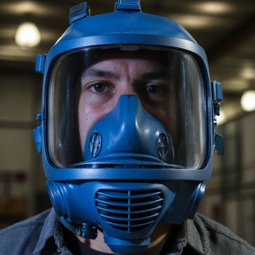 a person wearing a blue gas mask