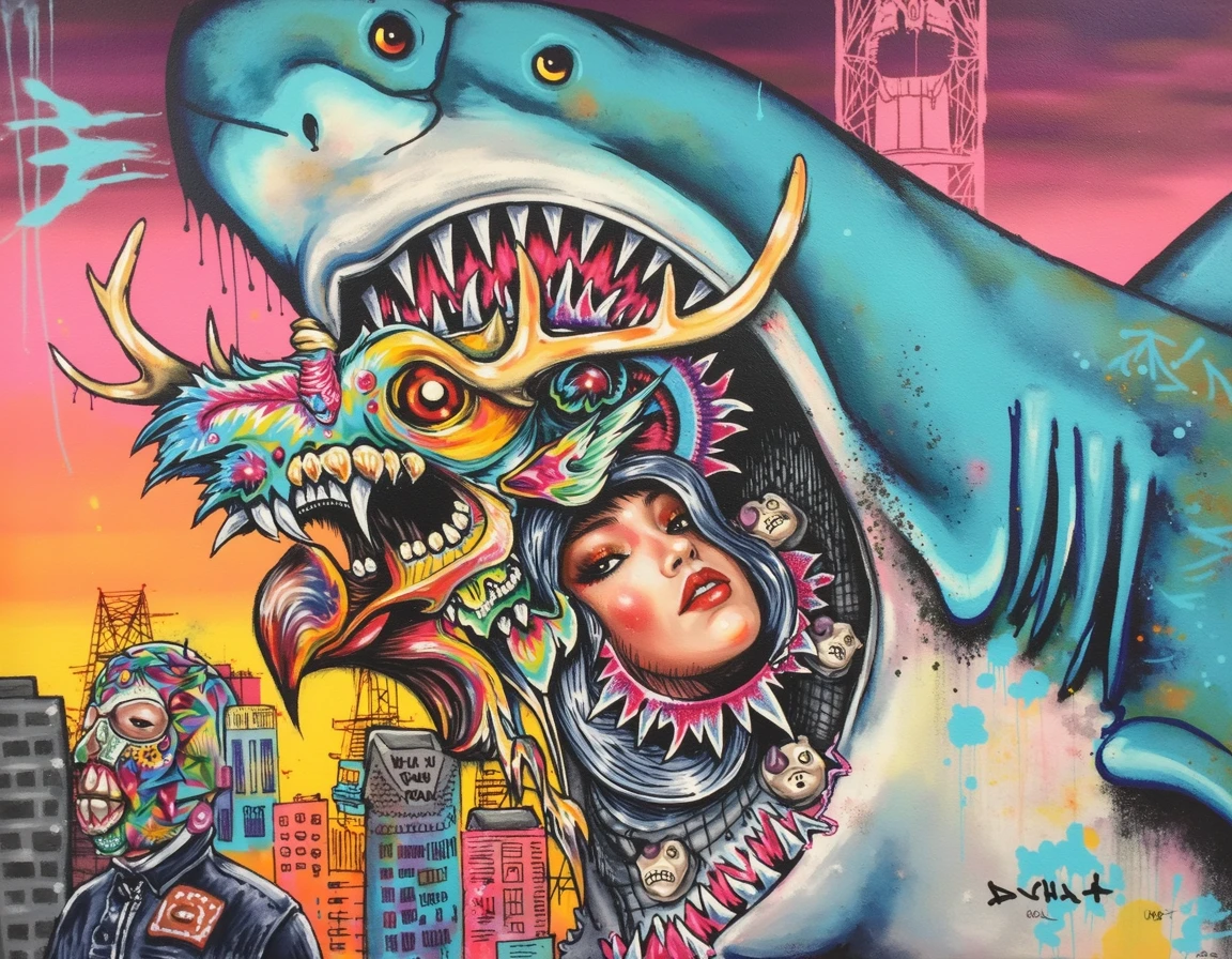 dcho, graffiti spray paint art, womans face appearing out of the mouth of a bird appearing out of the mouth of a shark with a psychedelic skull mask on, antlers, fat person wearing speedo and mexican wrestlers mask clinging to shark fin, city, eyes, gradients, paint drip background, 