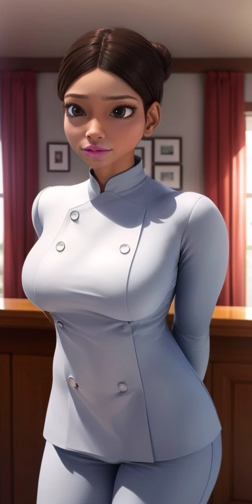 Hyperrealistic, photorealistic, super detailed, white chef jacket, looking at viewer, light blue pants, brown eyes, brown hair, hair pulled up into a bun, brilliant pink lipstick, body like in real life, large pores, brown skin, short, beautiful arms, medium breasts, unreal engine, octane render, droped shadow, bokeh, cinematic lighting, <lora:add_detail:0.5>, <lora:Volumetric_lighting:0.6>, Marlena Césaire, , <lora:41ee7acf-5707-4554-8d7e-c4eedfb4bdb6:0.7>