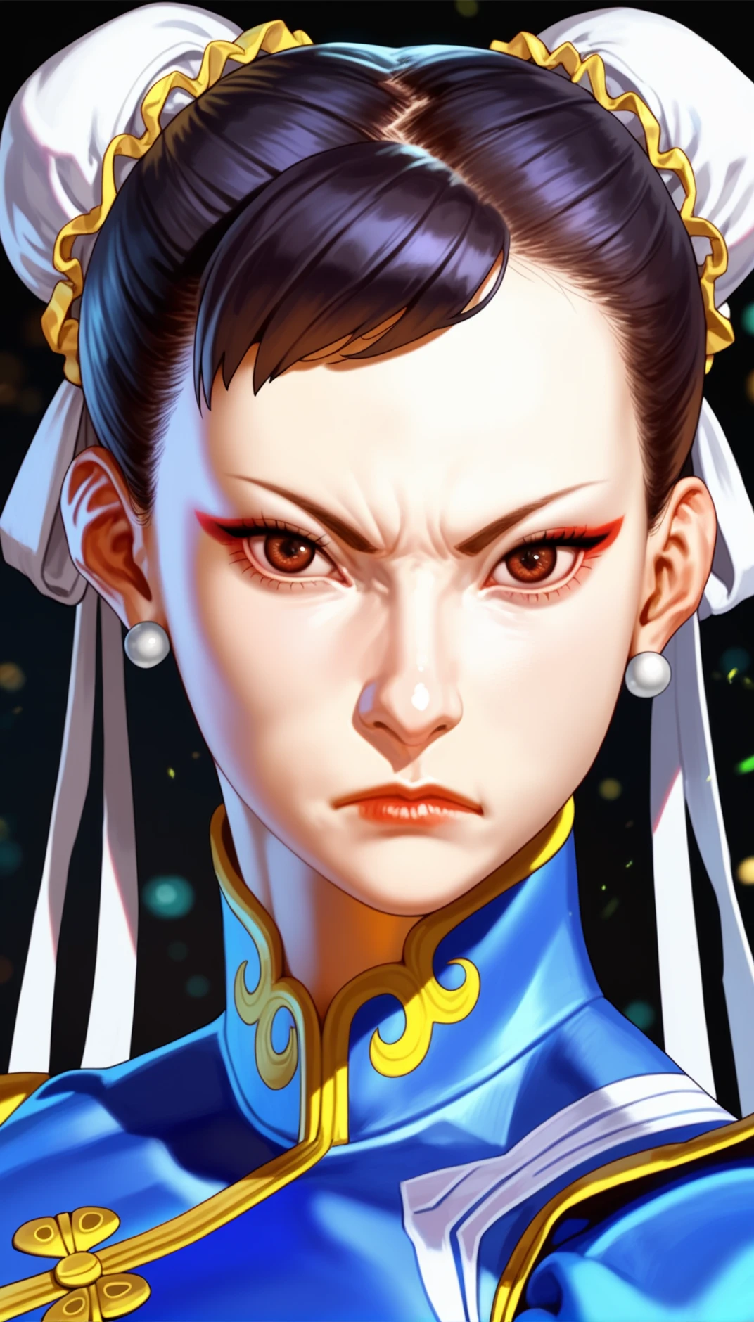 score_9,score_8_up,score_7_up,
<lora:chunli:0.9>,
sf6chunli,
realistic,
1girl, solo, black hair, double bun, white hair ornament with white ribbon, pearl earrings, brown eyes, looking at viewer, serious face, pout, deep blue qipao, portrait, face focus,
blurry background,light particles,lens flare,bloom,simple background,