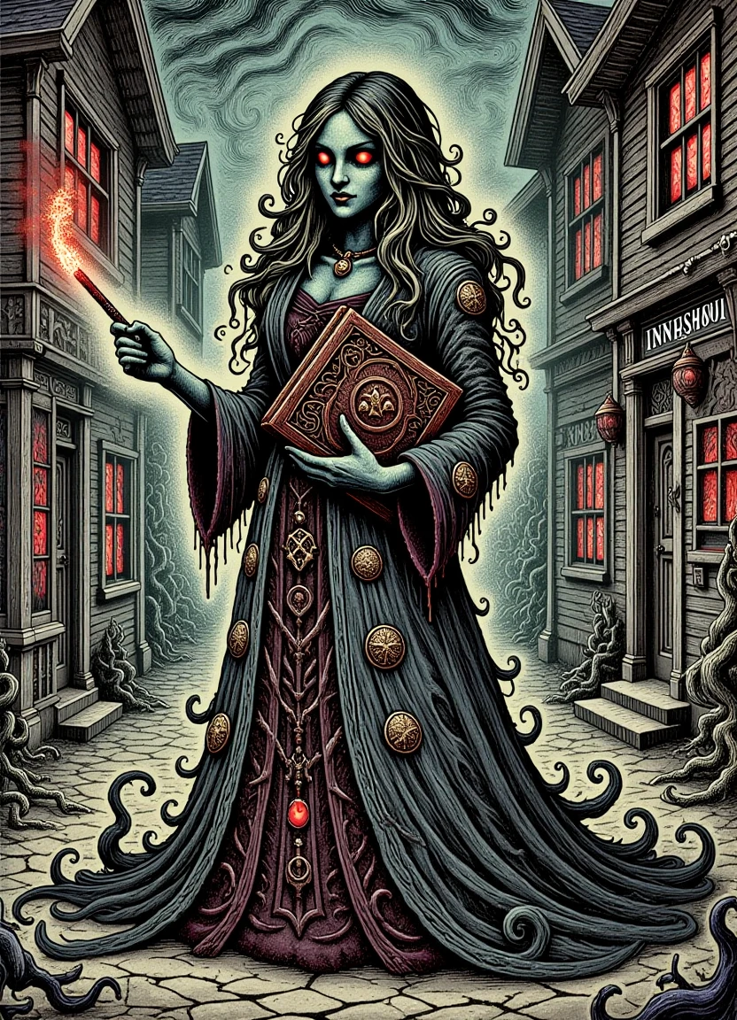 Female humanoid figure with skin like dark, damp stone and long, flowing hair that resembles seaweed, standing in a dimly lit alleyway with an old, mysterious inn "The Shadow Over Innsmouth" in the background. The atmosphere is eerie and foreboding, with hints of otherworldly energy emanating from her presence. She wears a long, black coat with brass buttons shaped like ancient sea creatures and holds a leather-bound book adorned with strange symbols that seem to shift and writhe like living things. Her eyes burn with an inner fire as she gazes out at the viewer, her expression enigmatic and perhaps even sinister. In one hand, she holds a glowing, ethereal pen that seems to be drawing intricate patterns in the air, while in the other, she cradles a small, leather-bound case containing a cryptic, ancient tome bound in human skin with strange markings that seem to pulse with an otherworldly power. She is surrounded by an aura of dark magic and forbidden knowledge, as if she has summoned a portal to another dimension from which unspeakable horrors are pouring forth like a flood.