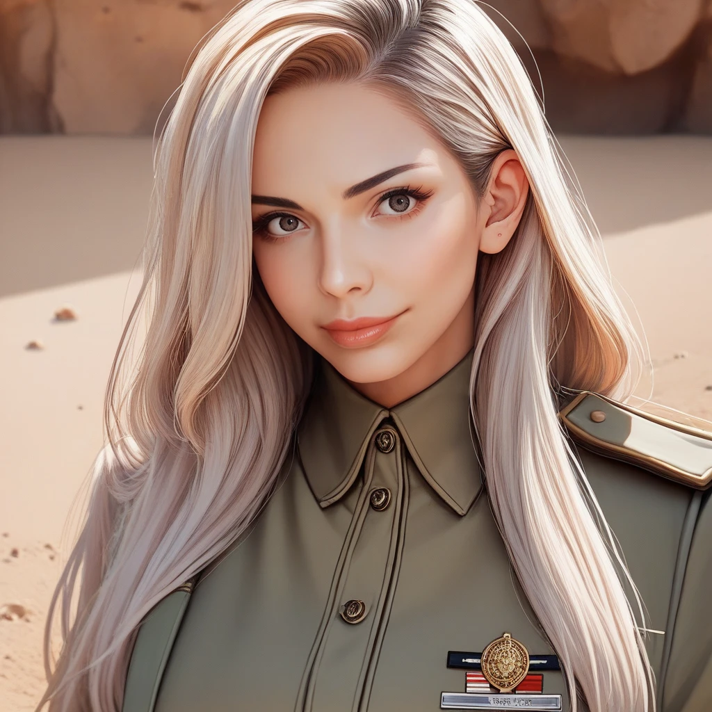 score_9, score_8_up, score_7_up, source_anime, professional photograph of Tara woman, wearing a a military jacket, arabic military uniform, up close, long hair, looking at the viewer, in a desert, rating_safe <lora:Tara Yazdi Pony-000008:1>