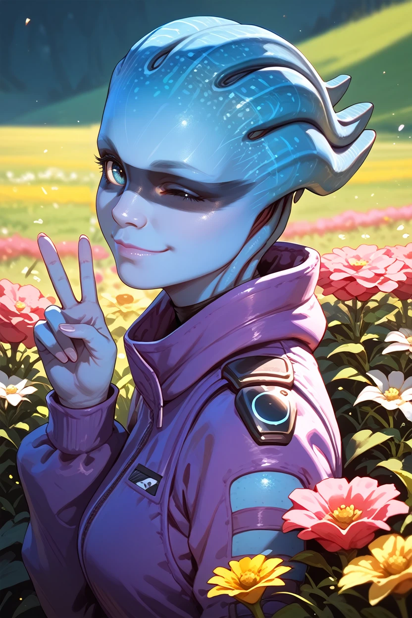 score_9, score_8_up, score_7_up,
<lora:MEAPeebee:0.8>
MEAPeebee, 1girl, blue skin, blue eyes, face paint, alien, looking at viewer, from side, wink, happy, smile, closed mouth, peace sign, flowers, meadow