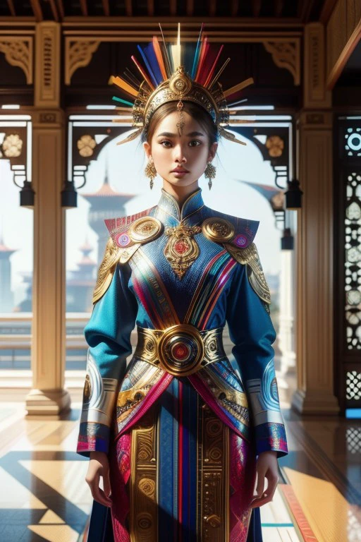 (high quality), (masterpiece), (detailed), 8K, Hyper-realistic painting of a young Indonesian woman wearing a futuristic suit that blends traditional patterns and vibrant colors, showcasing the rich heritage of Indonesia. She stands confidently in a dynamic pose, her detailed eyes reflecting determination and curiosity. The suit's material is a combination of traditional textiles and futuristic synthetic fabrics, giving it a unique and avant-garde appearance. Physically-based rendering techniques create realistic lighting and shadows, while the vivid colors capture the essence of Indonesian cultural aesthetics. The background features a fusion of modern architecture and traditional elements, creating a harmonious blend of the past and the future. This artwork explores the intersection of Indonesian culture, futuristic design, and the artistic representation of a confident girl.