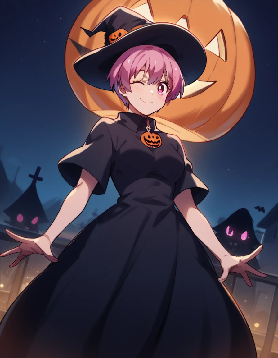 score_9, score_8_up, score_7_up, source_anime, <lora:inca-kasugatani-s2-ponyxl-lora-nochekaiser:1>, inca kasugatani, short hair, pink hair, pink eyes, medium breasts,, <lora:witch-ponyxl-lora-nochekaiser:1>, witch, hat, witch hat, dress, halloween, halloween costume, jewelry,, night, moon, blush, smile, one eye closed,, , dutch angle, cowboy shot