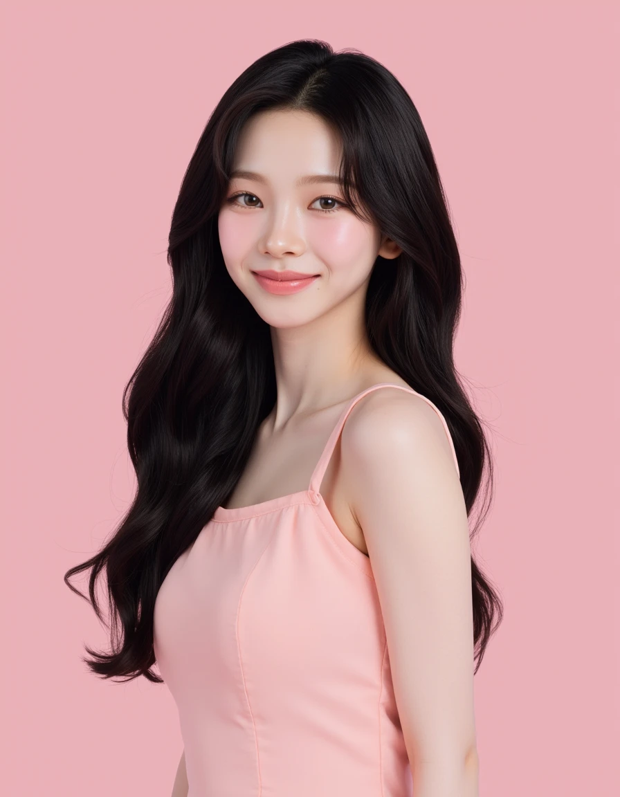 Create a picture of a young woman with long, wavy black hair cascading down her shoulders. She is wearing a soft pink, sleeveless dress, complementing her elegant and poised appearance. The background is pastel pink, enhancing the gentle and feminine atmosphere. Her expression is calm and composed, with a slight smile. The overall mood is refined and graceful, with a focus on simplicity and beauty.  <lora:karina_neurocanvas_v1:1>