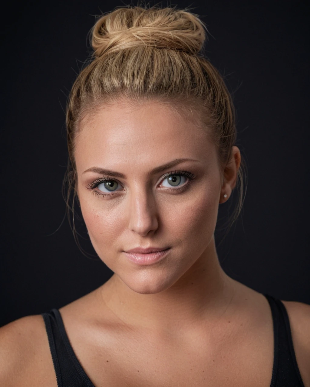 a portrait of DEN_Viola_bailey in front of a [plain black background] wearing a black tank top, collarbone, [headshot], [centre frame], looking at the camera, facing the camera,
puting sorrow and sadness,
photorealistic, high detail, detailed, masterpiece, 8k, highres, flawless, colour, professional